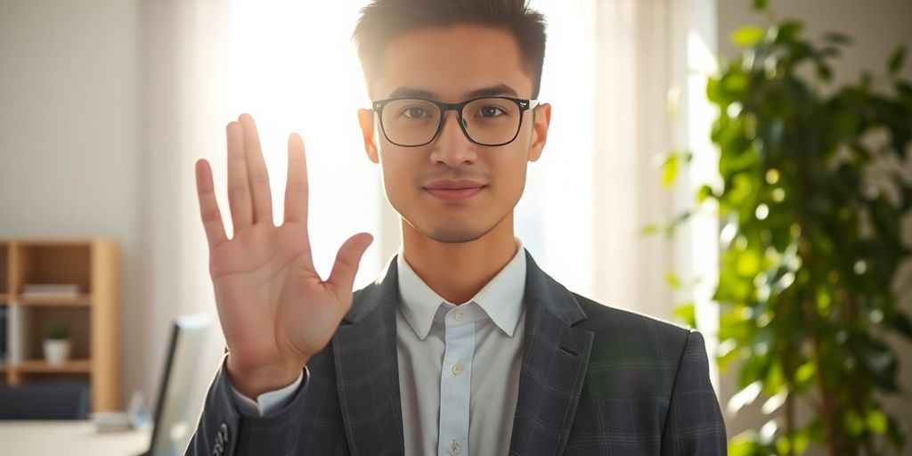 Person politely declining offer, warm office setting.