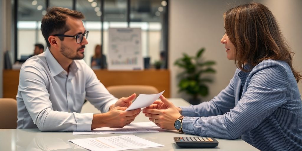 Un professionnel et un client discutent autour d'une table.