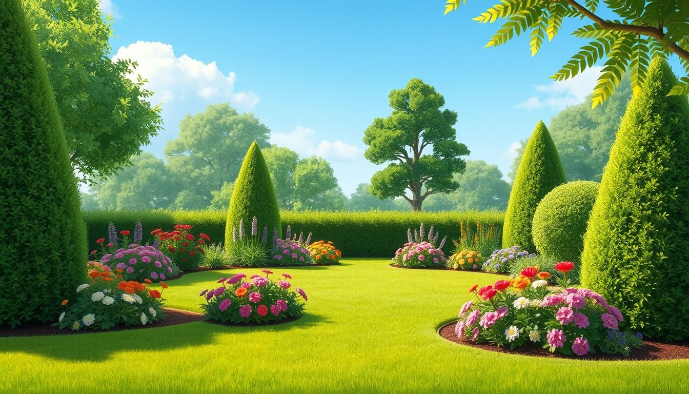 Well-maintained garden with flowers and bushes.