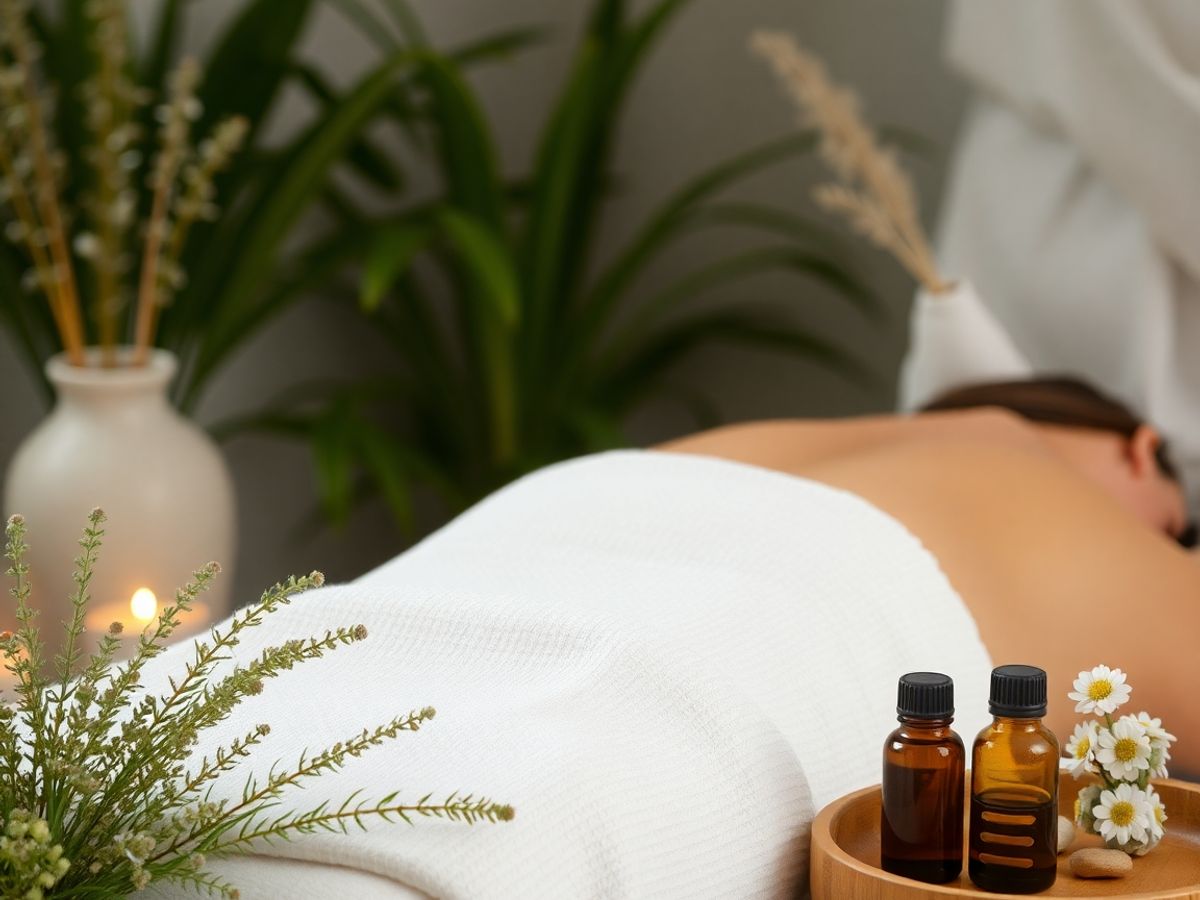 Persoană primind masaj relaxant cu lumânări și plante.