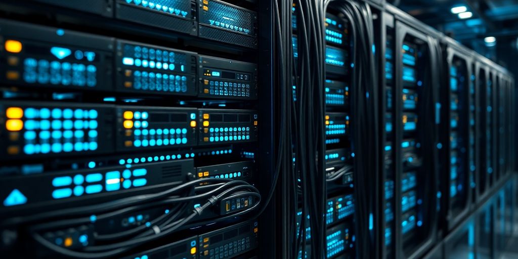 Supercomputer racks with glowing blue lights