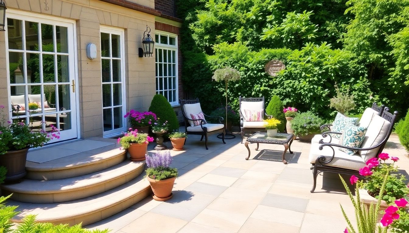 A stylish patio in a lush London garden.
