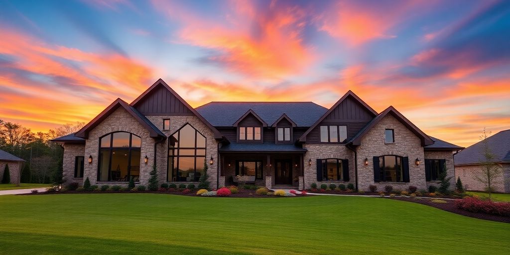 Modern custom home, Johns Creek, Georgia, sunset.
