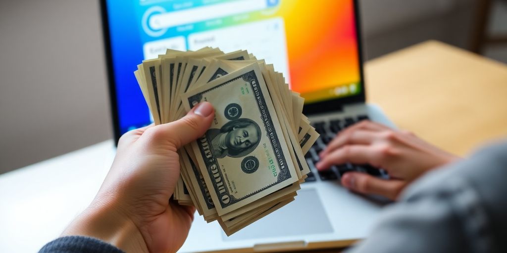 Person holding cash next to a laptop displaying survey.