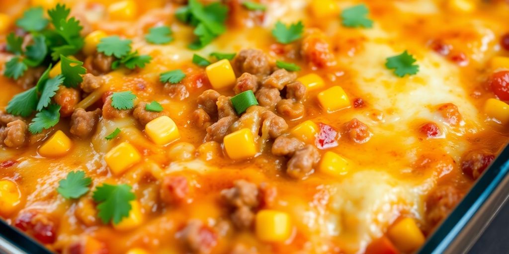 Hearty Mexican casserole with ground beef and cheese.