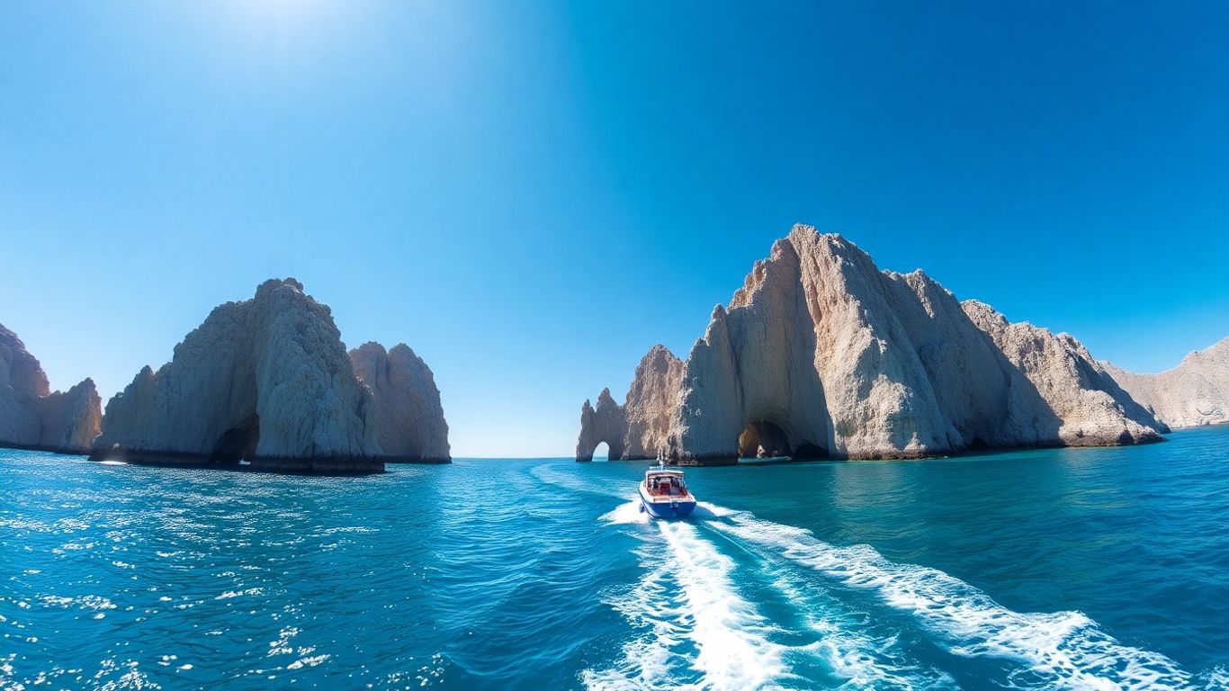Boat sailing near Cabo San Lucas rock formations.