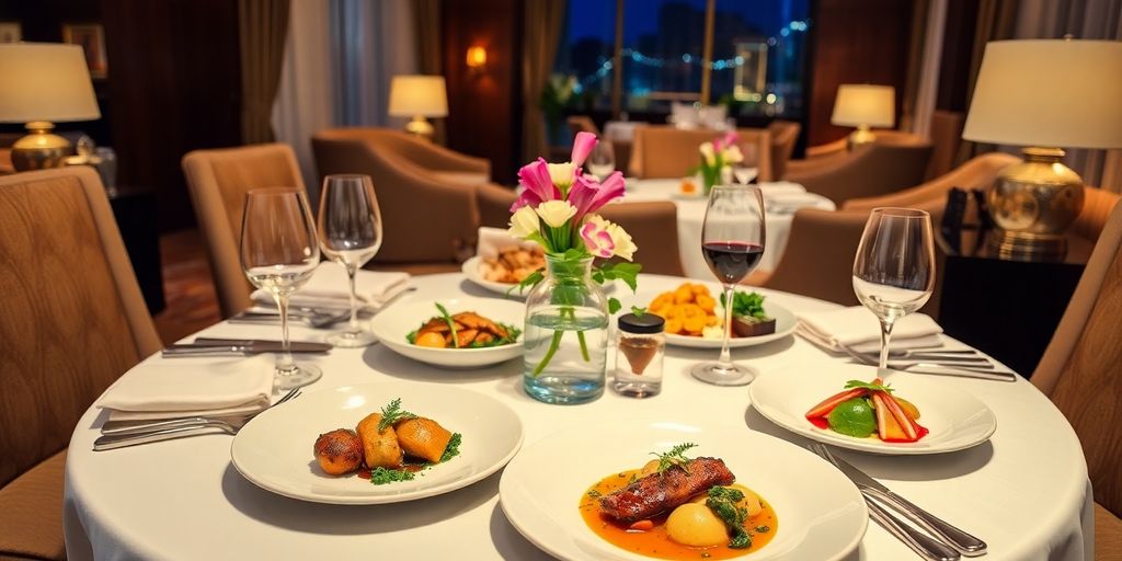 Luxurious hotel dining table with gourmet dishes.
