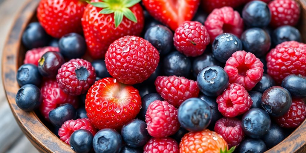 Bowl of vibrant mixed berries with fresh green leaves.