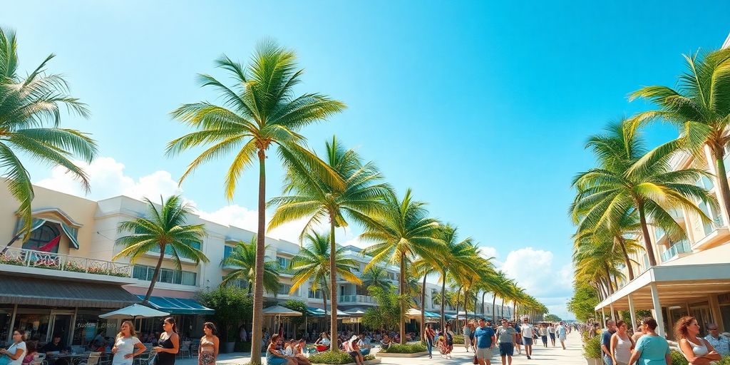 Vibrant Aventura, Florida scene with palm trees and sunshine.