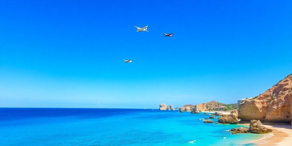 Airplanes flying over a sunny Cabo beach.