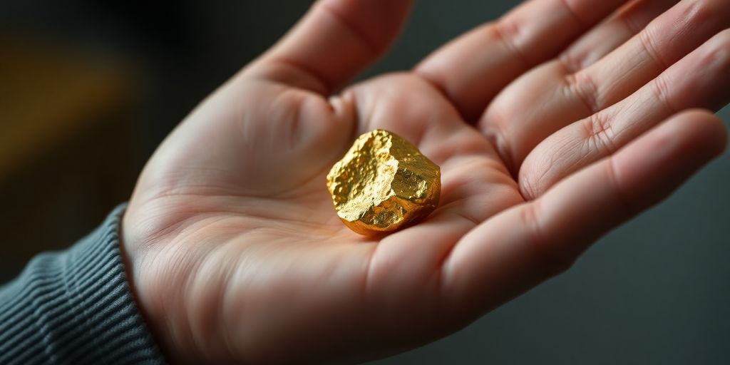 Une main tient une petite pépite d'or devant un fond flou.