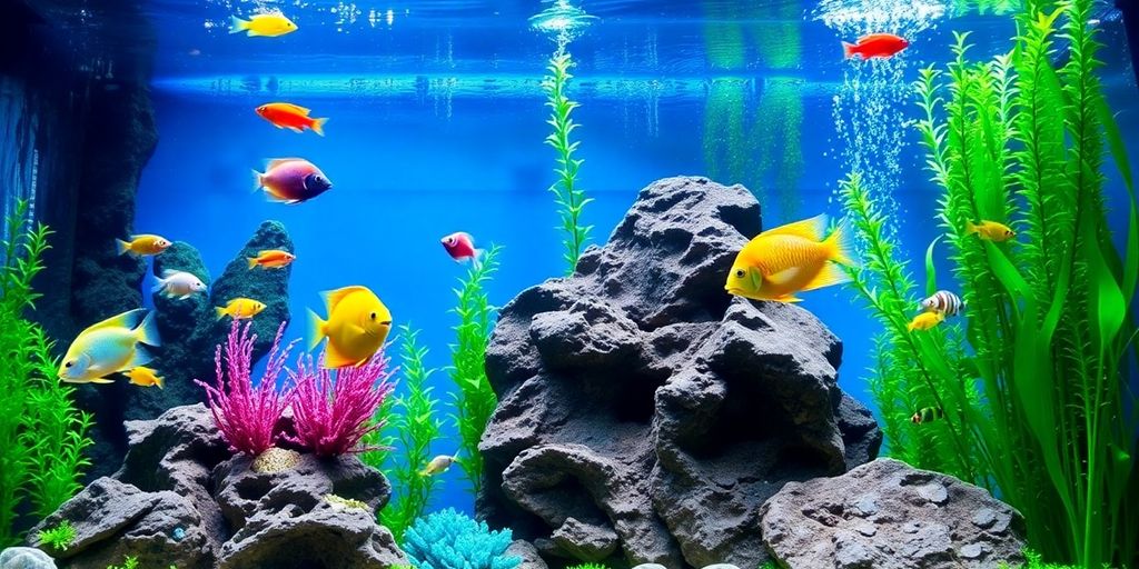 Makukulay na isda sa isang luntiang background ng aquarium.