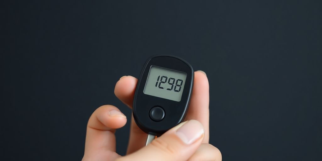 Person holding a glucose meter with blood sugar reading.