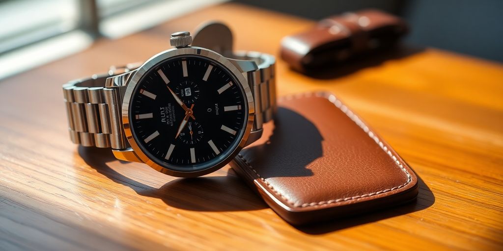 Elegant watch and leather wallet on a wooden table.