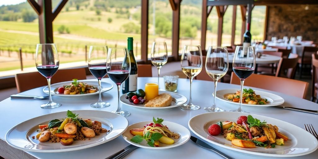 Dining table with gourmet food and wine at vineyard.