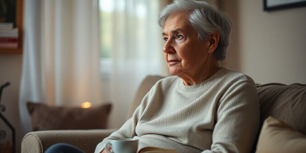 Elderly person in a cozy setting, reflecting peacefully.