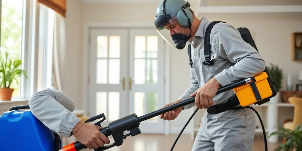 Tehnician de deratizare in actiune intr-o casa.