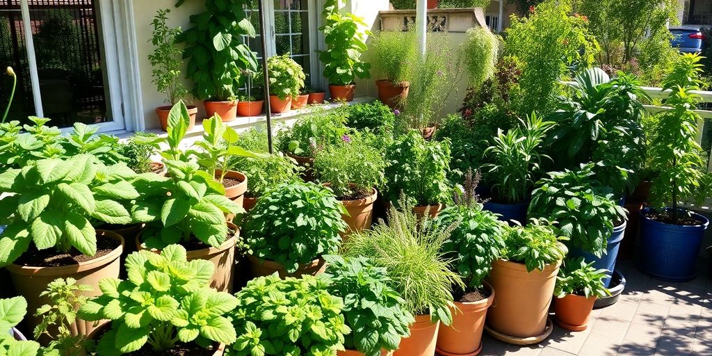Grădină comestibilă pe terasă cu legume și ierburi proaspete.