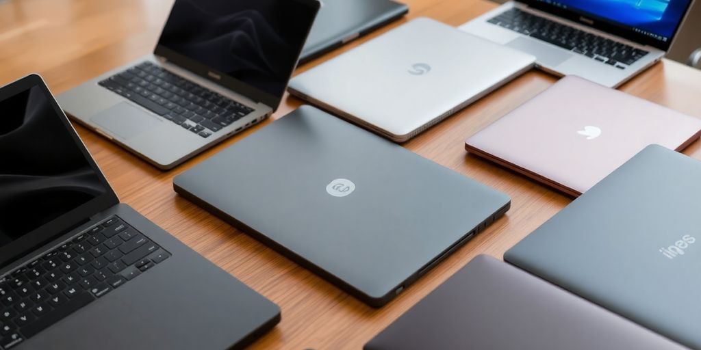 Várias marcas de laptops sobre uma mesa de madeira.