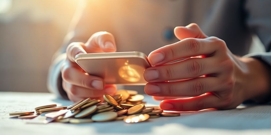 Person joyfully looking at phone with money.