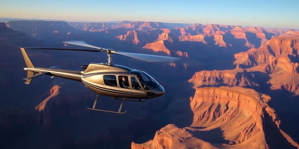 A red helicopter flies through the Grand Canyon at sunset.