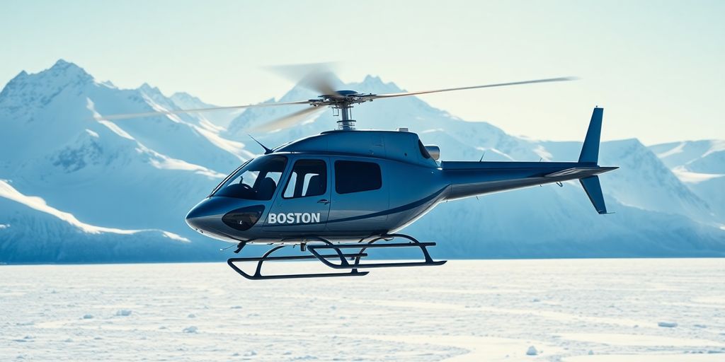 A Boston helicopter flying over a vast Alaskan glacier.