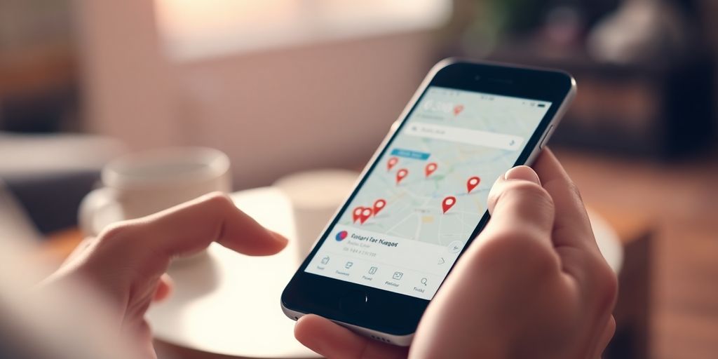 Person searching classifieds on phone, local map.