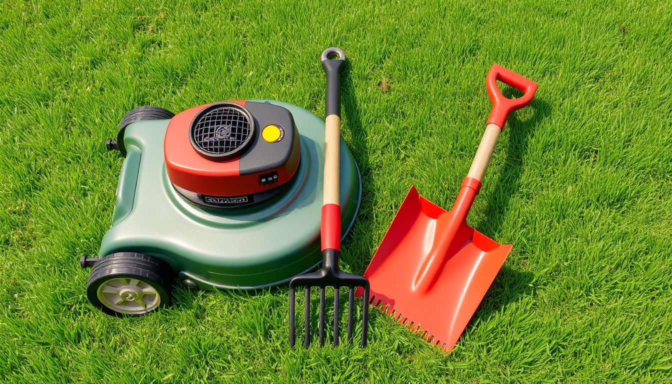 Essential yard tools on a green lawn