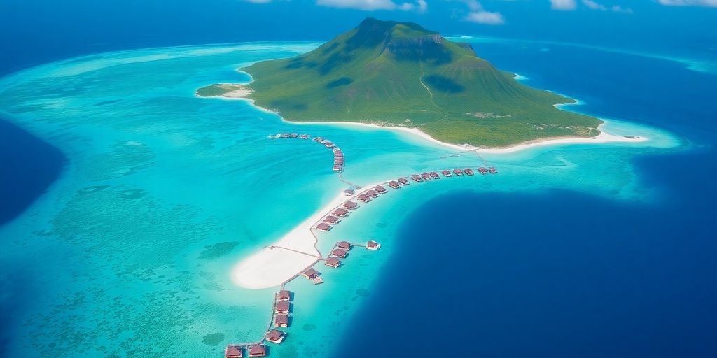 Overwater bungalows and turquoise lagoon in the Austral Islands.
