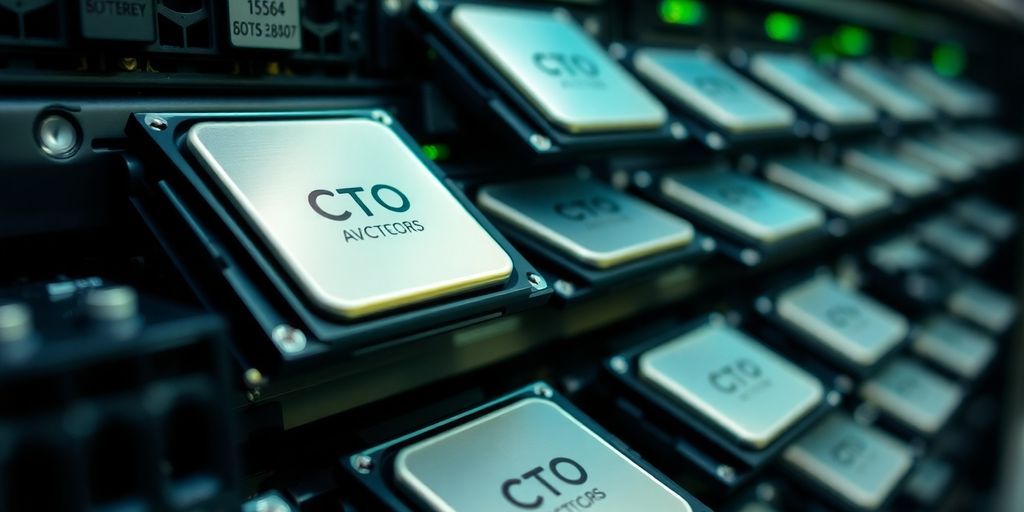 Dettaglio di CPU per server su un rack di server.