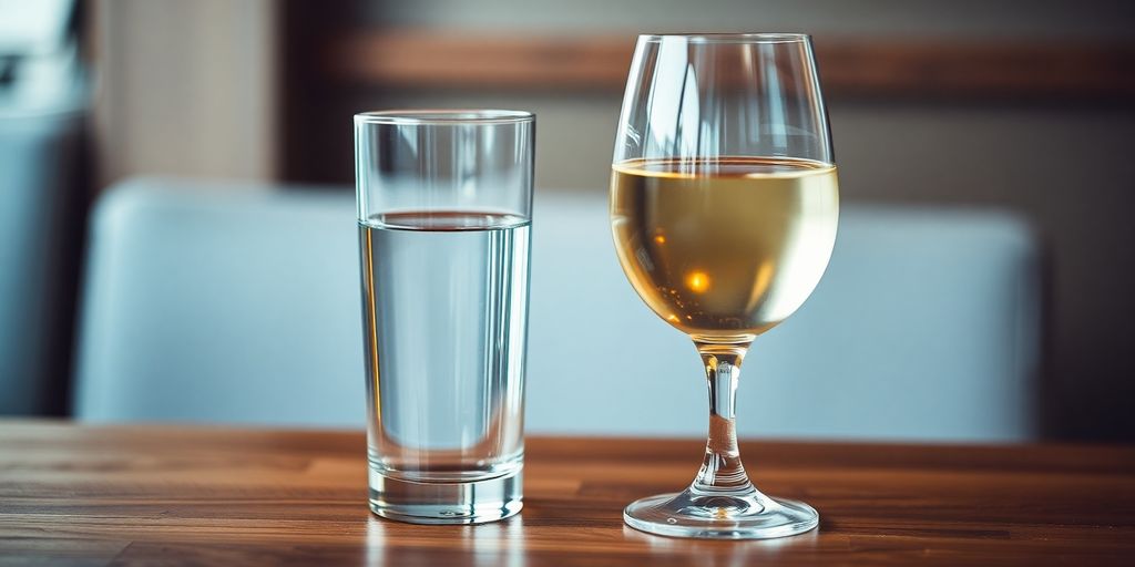 A glass of water next to a wine glass.
