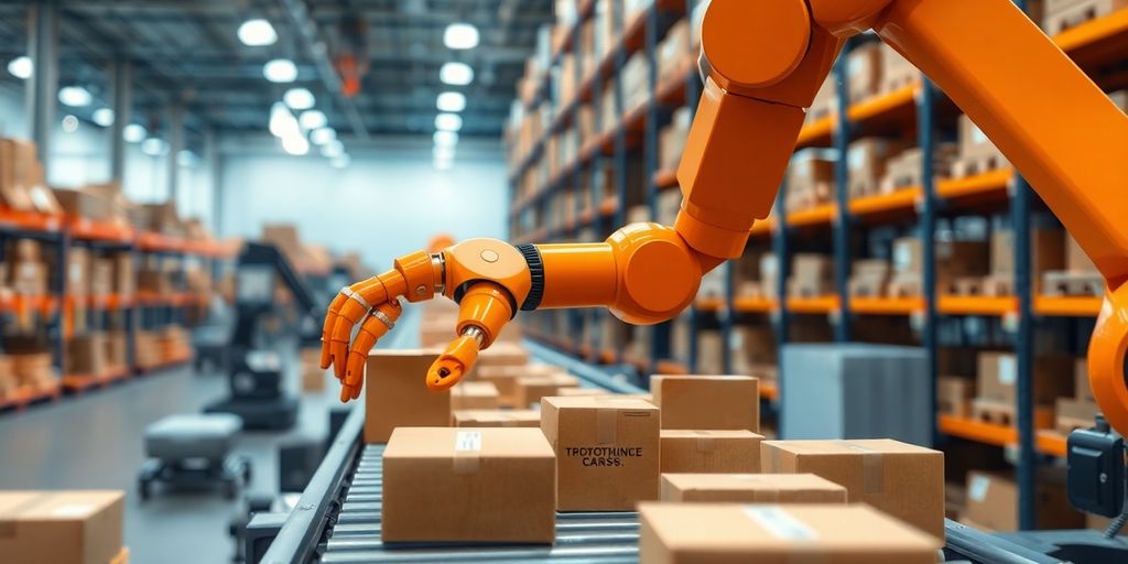 Robotic arm sorting packages in a busy warehouse.