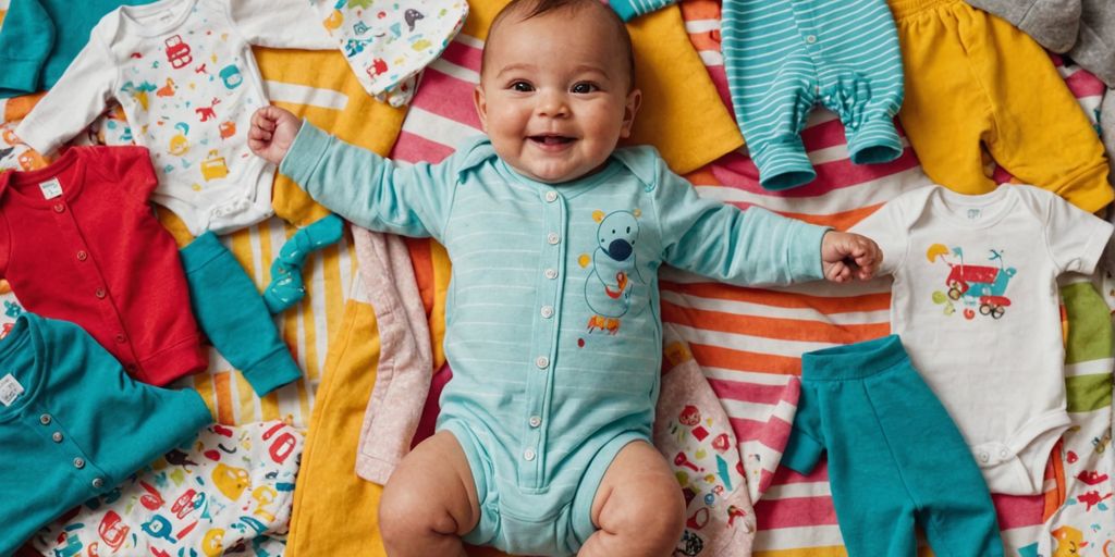 Baby in onesie with clothes on blanket