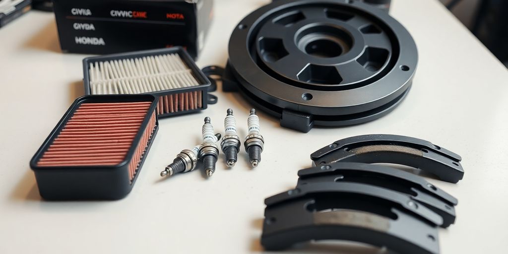 Honda Civic spare parts neatly arranged, ready for installation.