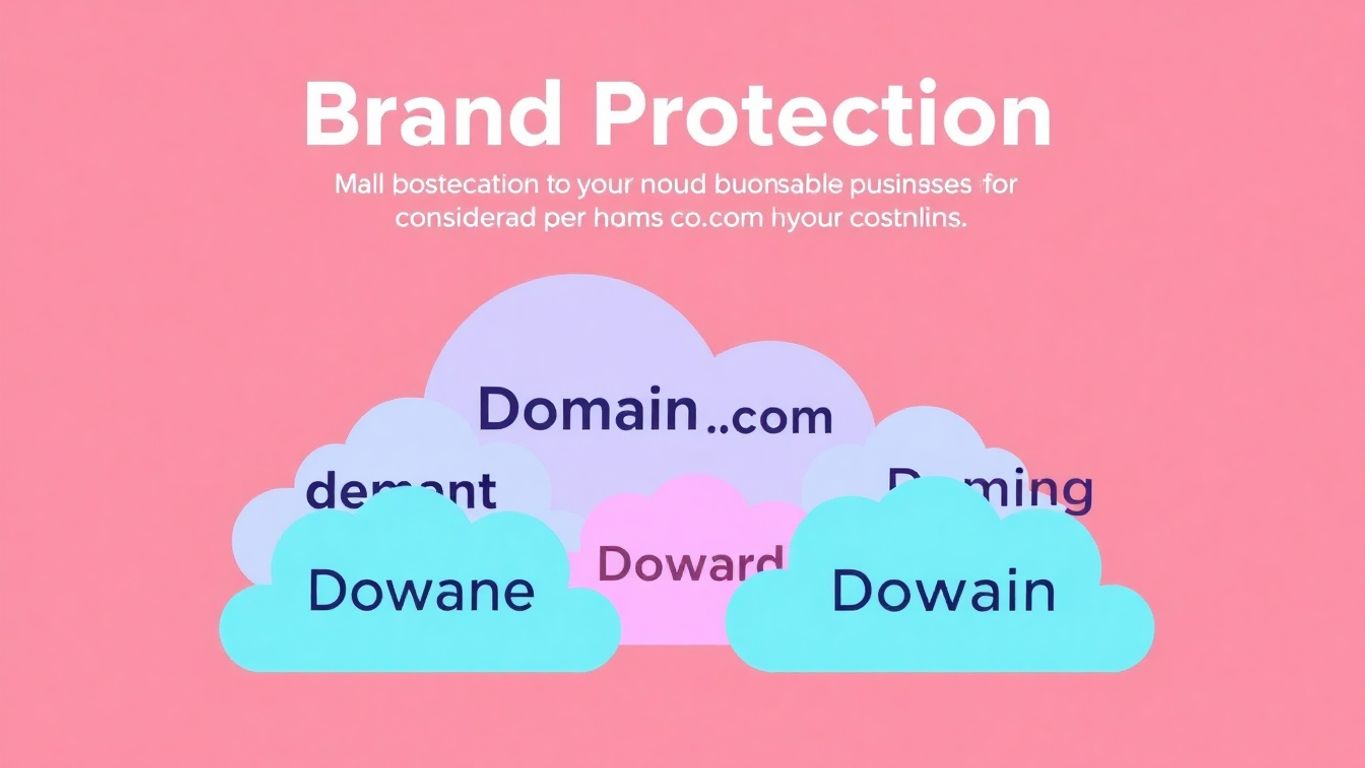 Illustrasjon av flere domenenavn i fargerike skyer.