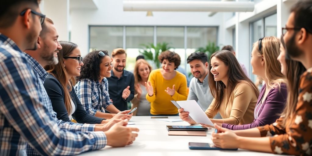 Marketing community tips. People collaborating in a vibrant marketing community