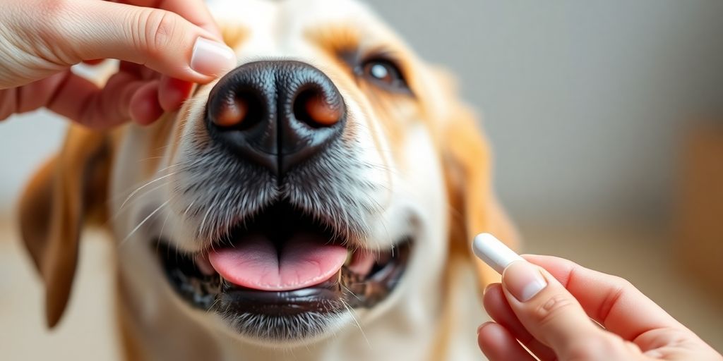 A happy dog receiving a worming tablet.