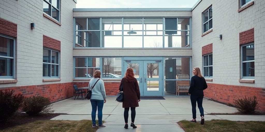 Enseignants devant une école vide.