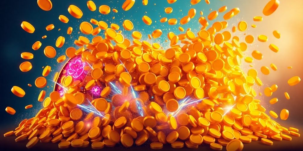 Golden coins splash with vibrant game graphics.