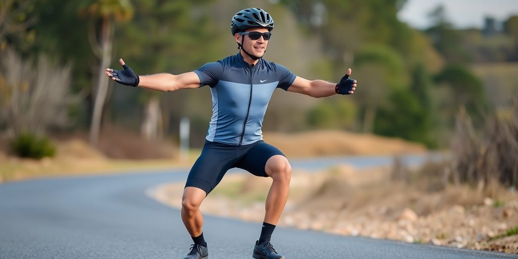 Cyclist performing a pistol squat outdoors.