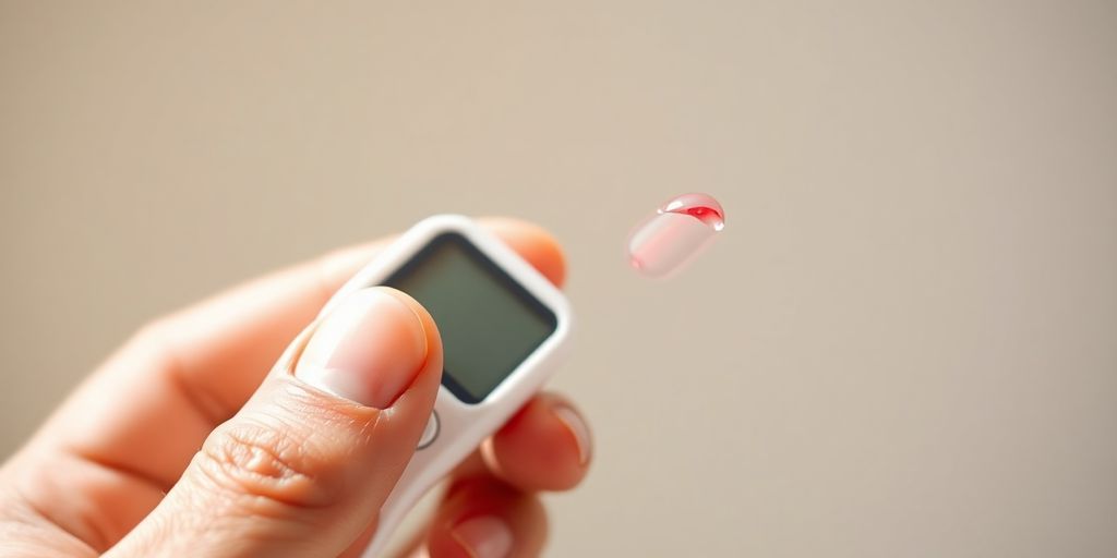 Hand holding glucose meter near fingertip with fresh blood drop