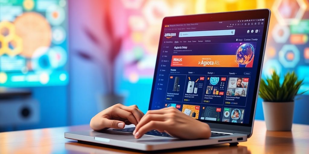 Person using laptop for Amazon listing optimization.