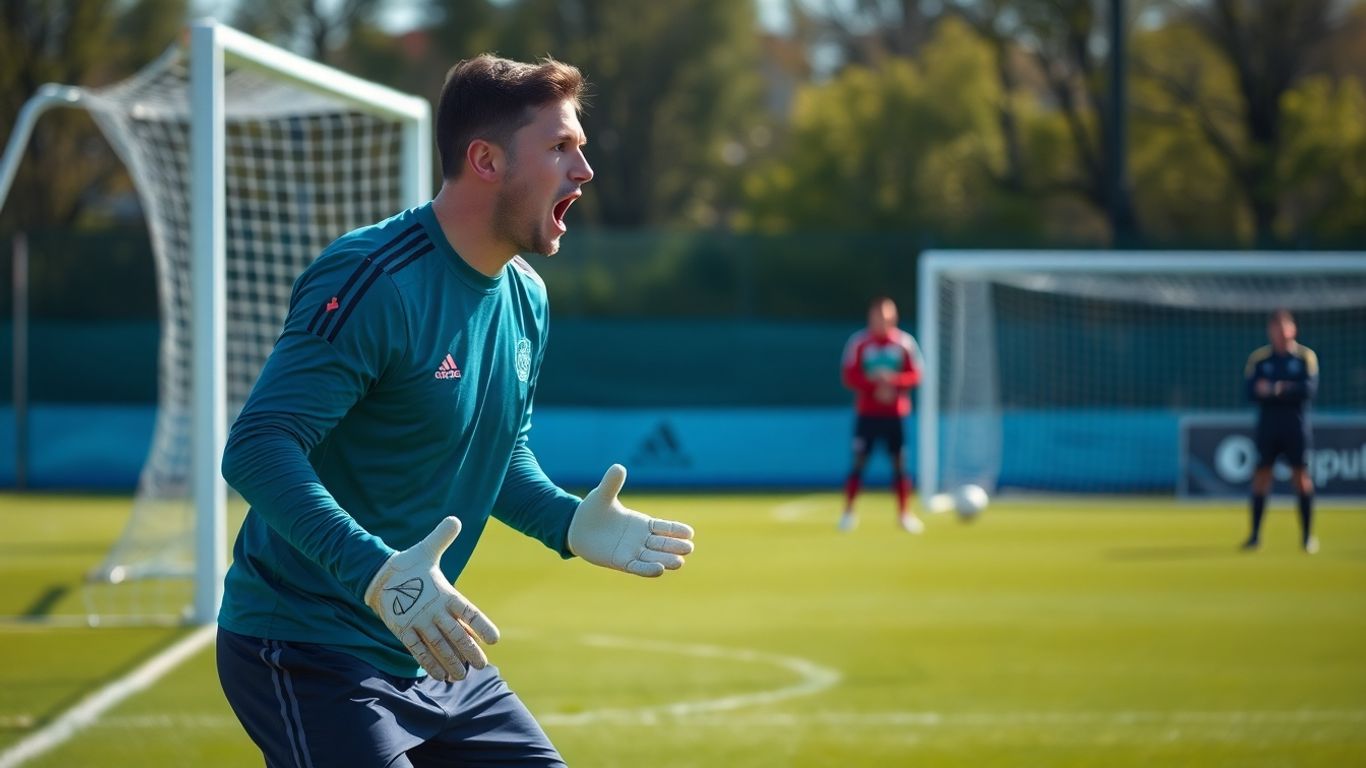 Goalkeeper directing defenders on a sunny football field.
