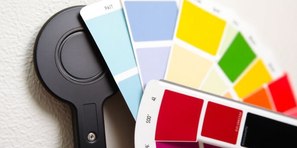Paint matching tool with swatches against a wall.