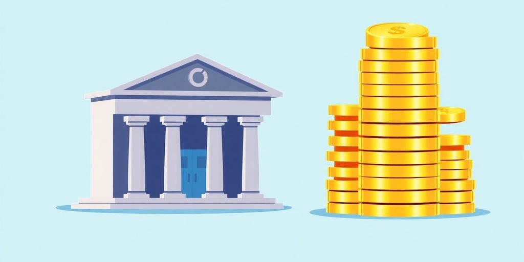 Pièces d'or et bâtiment bancaire en ligne.