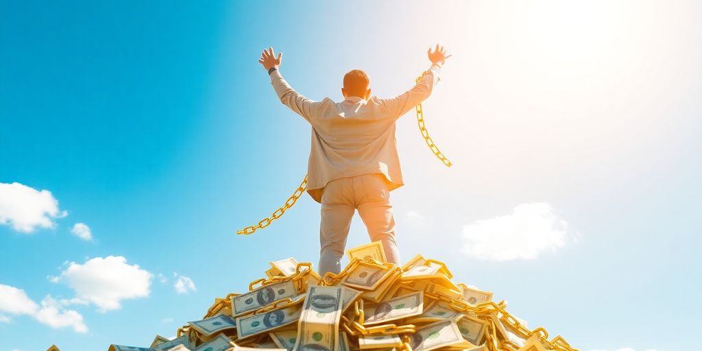 Person breaking free from financial chains, reaching for a clear sky.