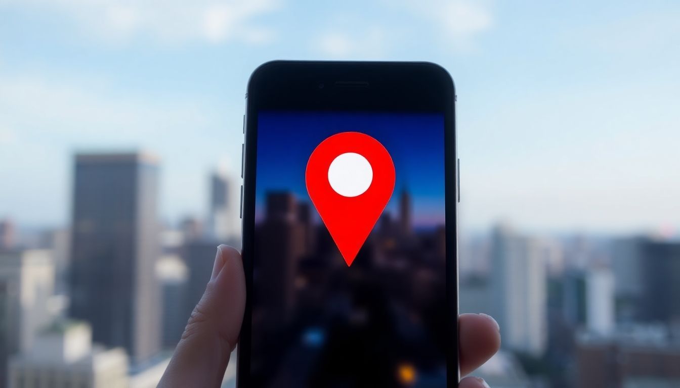 Smartphone with location pin over blurred city skyline.