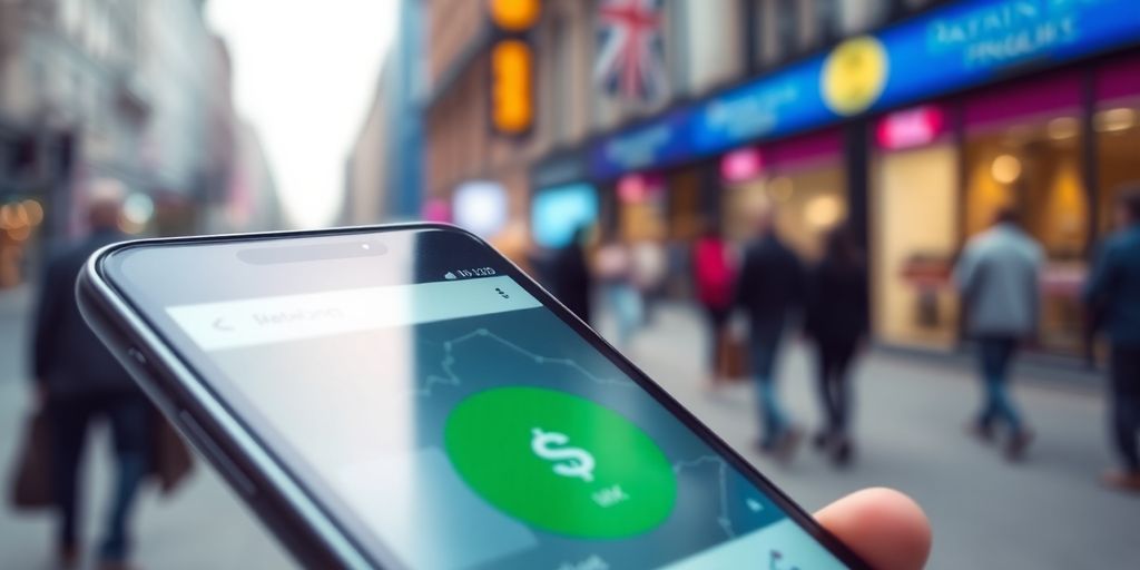 Smartphone with digital wallet in an urban setting.