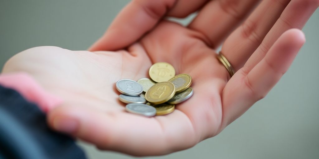 Main tenant une poignée de petites pièces de monnaie.