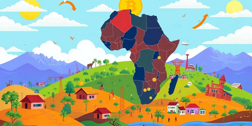 Illustration of africa's landscapes and digital motifs.